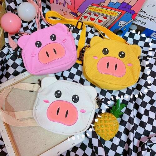 Cute Animal Pig Canvas Shoulder Crossbody Bag Women Cartoon Handbag Tote Satchel Student Fashion Small Phone Pouch Messenger Bag