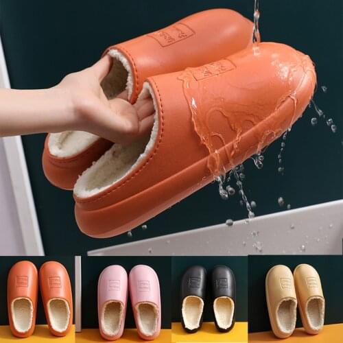 Women Men PU Waterproof Slippers Women Comfy Warm Slippers Candy Clolor Non Slip Fluffy Slippers Men Home Footwear Female Slides
