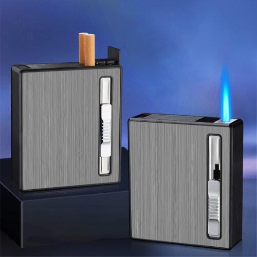 20pcs Capacity Metal Cigarettes Boxes With Gas Lighters Windproof Straight Jet Flame Cigarette Holder Case Gadgets For Men Gift