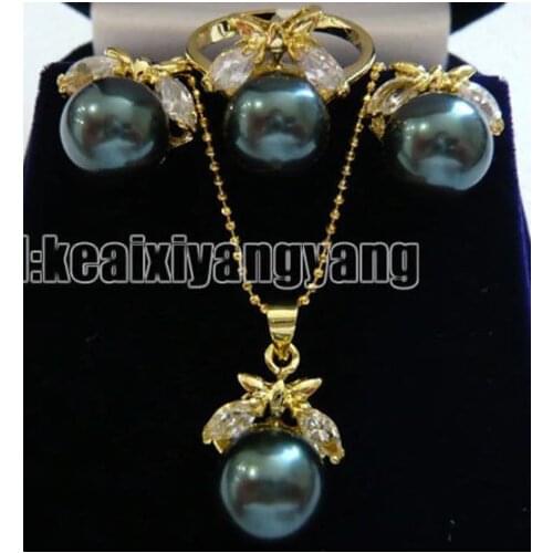 Yellow Gold plate Black Shell Pearl CZ Pendant Earring Ring AAA style Fine Noble real Natural free shipping