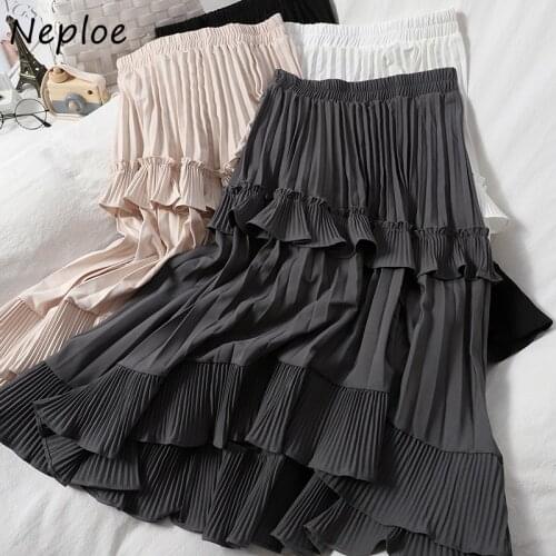 Neploe 2021 New Autumn Pleated Skirt High Waist Irregular Hem Flouncing Women Long Skirts Women Fashion Faldas Jupe Femme 1F658