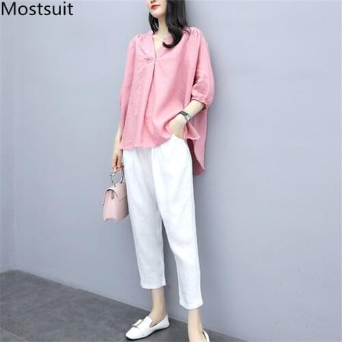 2020 Summer Cotton Linen 2 Piece Pants Suits Sets Women Pink V-neck Tops + White Elastic Waist Pants Casual Fashion 2 Pcs Sets
