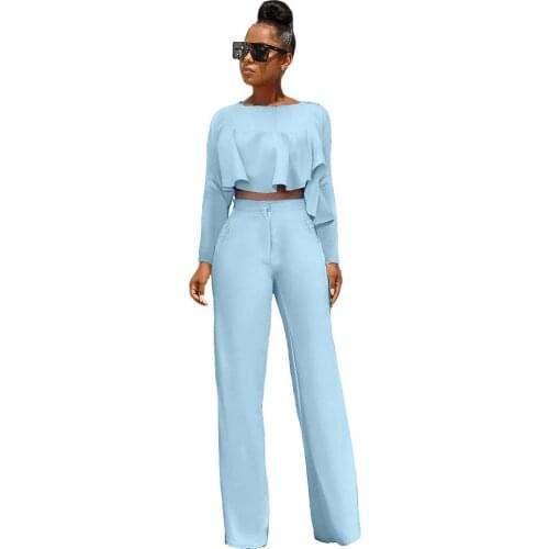 Womens two piece set front short back Long Ruffle zipper pocket straight pant sets outfits