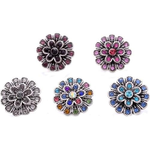 10pcs/lot Mixed 18mm Rhinestones crystal flower snap buttons with copper button for bracelets and necklace pendant jewelry