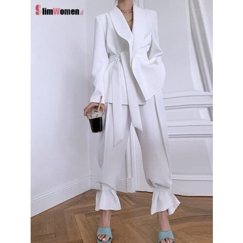 White Elegant Korean Advanced Loose Blazer Winter Women Fashion Blazer High Waist Belt Lace-up Blazers Jacket Suits Female 2021