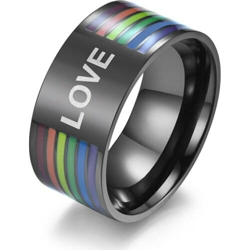 Free Shipping New Arrival Colorful Rainbow Thumb Ring Black Letters Love Stainless Steel Ring For Male Boy Gothic Mens Jewelry