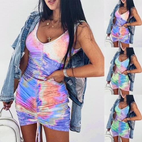 BKLD 2020 Summer Clothing Women V-neck Drawstring Ruched Dress Tie Dye Print Bodycon Spaghetti Strap Sleeveless Women Dress