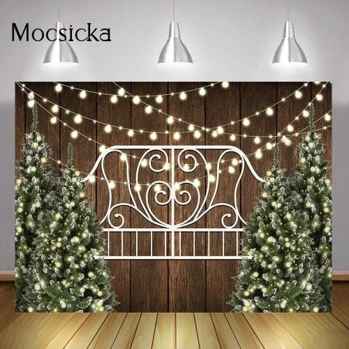 Christmas Brown Rustic Wood Backdrop Green Christmas Trees Winter Birthday Portrait Background Warm Light Merry Xmas Photography