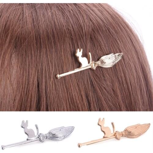 Metallic Glitter Side Bangs Hairpins Harajuku Cartoon Cat On The Magic Broom Bobby Pins Ponytail Holder Hair Clips Barrett