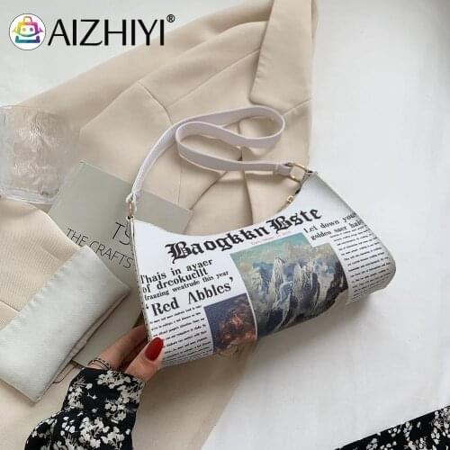 Fashion Women Newspaper Printing PU Leather Shoulder Underarm Bag Casual Ladies Small Purse Handbags
