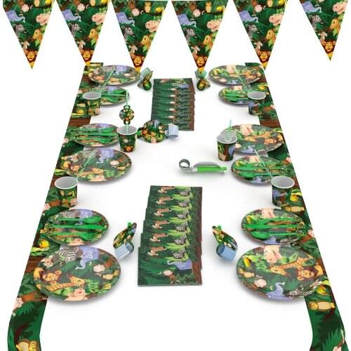 Cartoon Jungle Animal Disposable Party Tableware Sets Kids Birthday Safari Party Decor Baby Shower Forest Theme Party Supplies