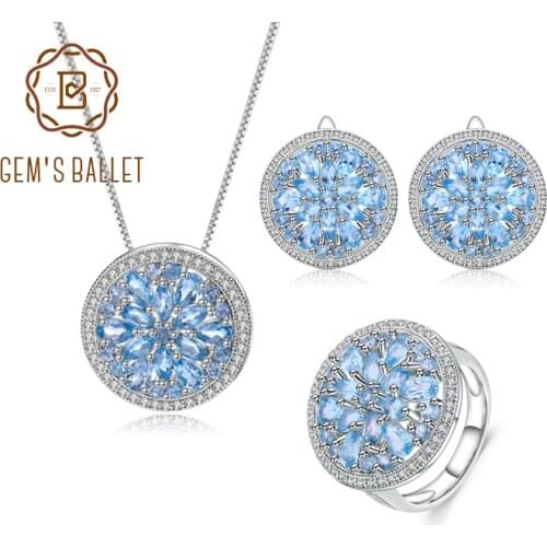 GEMS BALLET Natural Swiss Blue Topaz Jewelry Set 925 Sterling Silver Pendant Earrings Ring Set For Women Wedding Jewelry