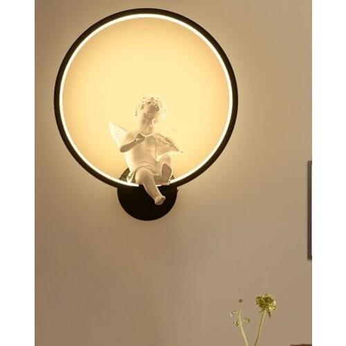 Nordic Modern Wall Mounted Lamp Lovely Minimalist Angel Playing Violin Bedside Sconce Round Night Light Iron Bracket
