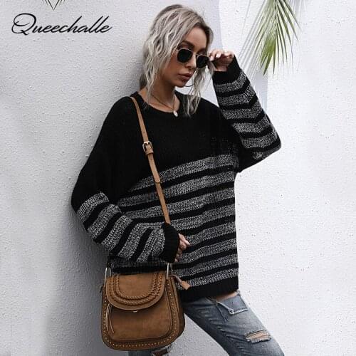 Autumn Winter Knitted Pullover Womens Stripe Patchwork Long Sleeve Casual Sweater for Women Black O Neck Loose Jumper Tops