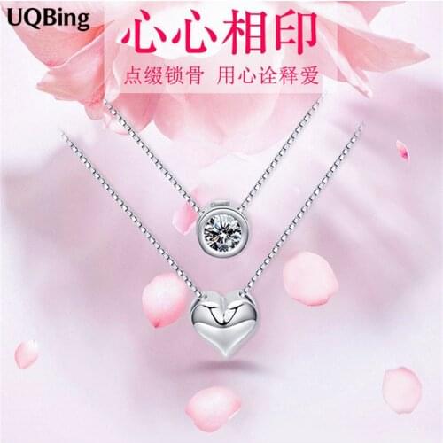 Real 925 Sterling Silver Doule Layer Chain Necklaces Heart Rhinestone Pendant Necklaces Jewelry Collar Colar de Plata