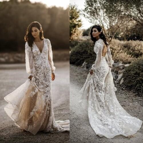 2020 Latest Bohemian Wedding Dresses Long Sleeve Lace Appliqued V Neck Beads Bridal Gowns Country Style Garden Wedding Dress