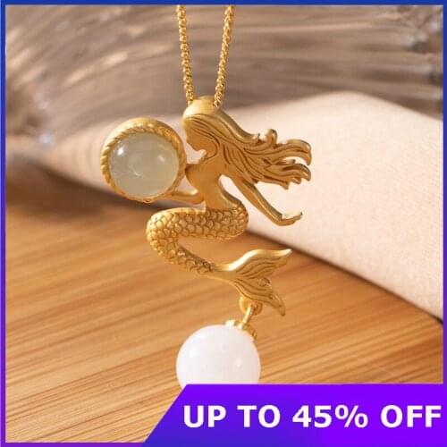 Romantic Fairy Tale Mermaid Pendants Necklaces for Women 925 Silver Beauty Fish Necklaces+Chain Natural Jade Pendants Jewelry