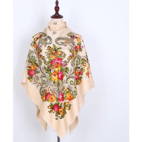 Russian Women Big Size Square Scarf Luxury Twill Cotton Floral Print Scarves Wraps Female Retro Short Tassel National Shawl