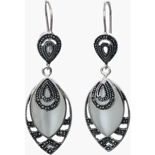 Pretty Vintage Opals Inlay Marcasite 925 Silver Hooks Earrings 21/5" REAL Natural