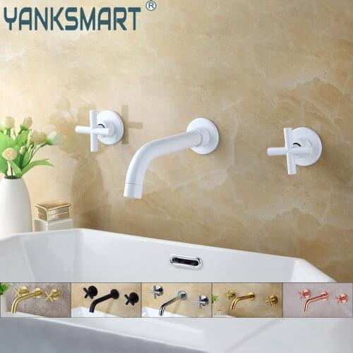 YANKSMART Modern 360 Swivel Spout Bathroom Faucet Wall Mounted Wash Basin Sink Bathtub Dual Handles Hot & Cold Mixer Water Tap