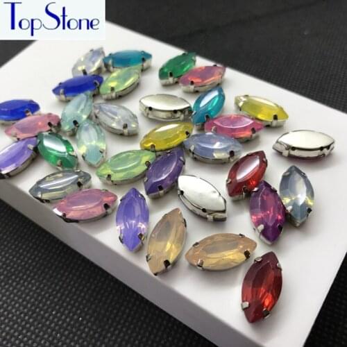 TopStone 50pcs 100pcs 5X10mm 7X15mm Resin Mix Opal Colors Sew on Navette Rhinestone With Metal Claw Setting Dress Making