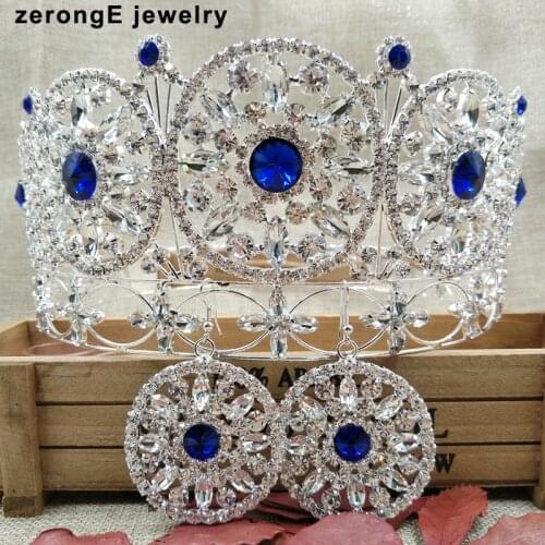 Large noble royal blue full circle crown pageant miss world crystal full tiara crown+earring matching women hair tiara band