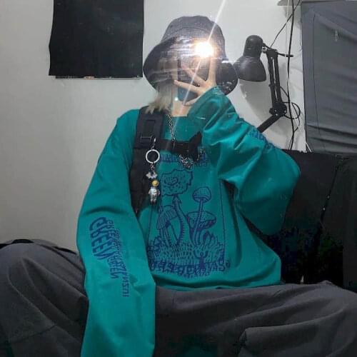 Women T-shirt Korean Version Of Ins Harajuku Style Street Retro Poisonous Mushroom Print Loose Wild Bottoming Shirt Long-sleeved