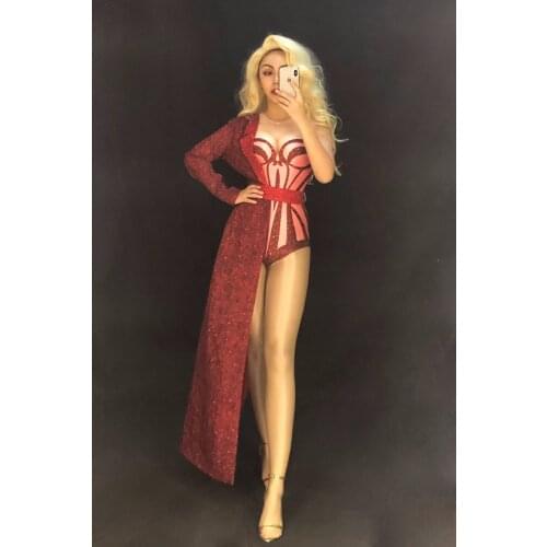 Women Sexy Stage Red Stretch Bodysuit Two Pieces Set Costume Stage Dance Wear Leotard Half Side Long Coat Performance Outfit