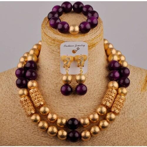 African Weding Beads Nigerian Necklace Purple Jewelry Set for Women