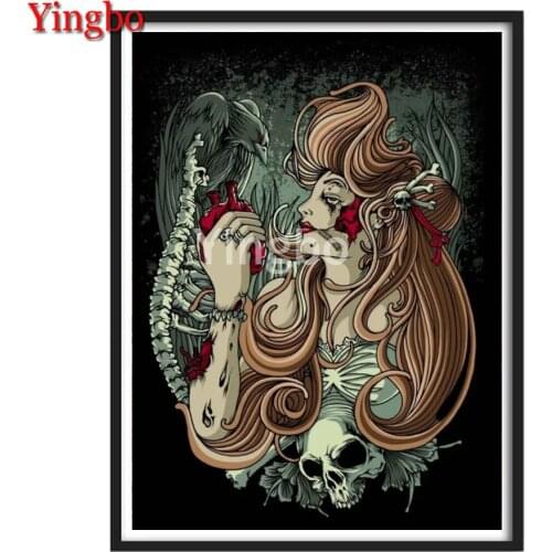 5d Diamond Painting Full Square Round 5D Diamond Embroidery Horror Skull Girl Crow Halloween Gift Diamond Mosaic New Arrival