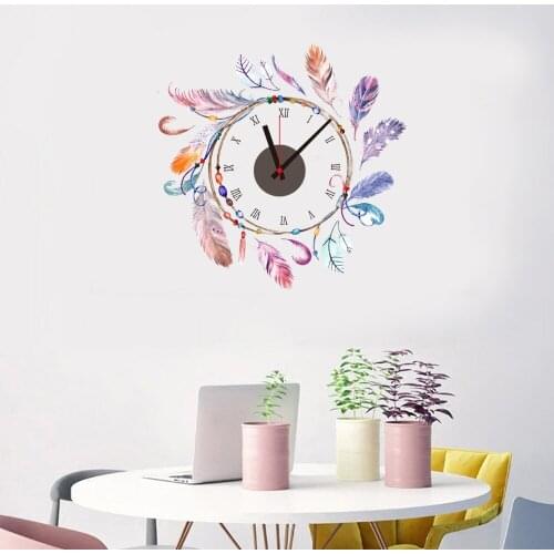 3D New Nordic Style Clock Watch Wall Sticker Cartoon Feather Flower DIY Clock Wallpaper for Kids Room Living Room Home Decor