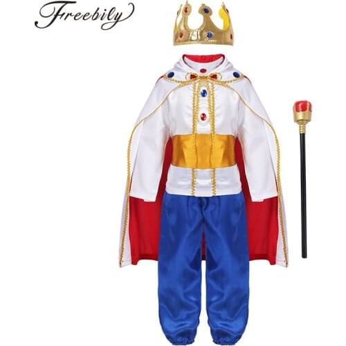 Kids Boys Halloween Cosplay Dress Up Medieval King Costume Prince Cloak Crown Scepter Set Carnival Roleplay Party Outfit