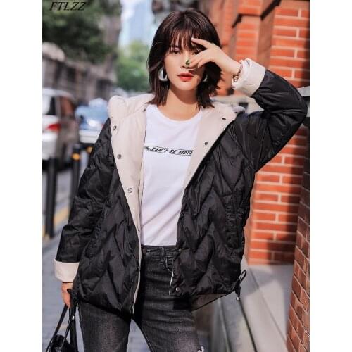 FTLZZ 2021 Winter Women Striped Knitted Hooded Duck Down Loose Down Jacket Wrinkled Waist Casual Fashion Coat Pink Outwear