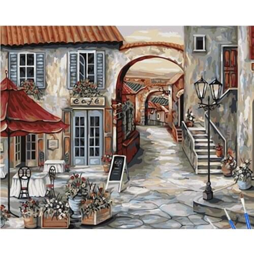 Painting By Number 40X50 50x65CM Street View Cafe Landscape Wall Art Gift DIY Pictures By Numbers Canvas Kits Home Decoration