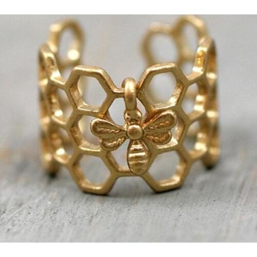 Antique Womens Gold Color Tiny Bee Honeycomb Ring Adjustable Hexagon Rings for Women Fashion Jewelry Wedding Engagement Ringg