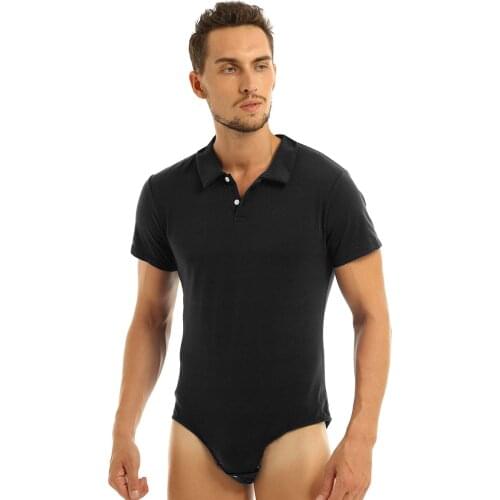 Men Adult One Piece Lingerie Bodysuit Romper Cotton Short Sleeve Turn-down Collar Press Button Crotch Shirt Pajamas Casual Wear