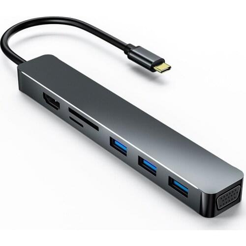 7 In 1 USB Hub USB3.0 Splitter Adapter Port Replicator Type C to VGA HD-MI SD/TF Card Reader 7-in-1 Expansion Dock Hub for PC
