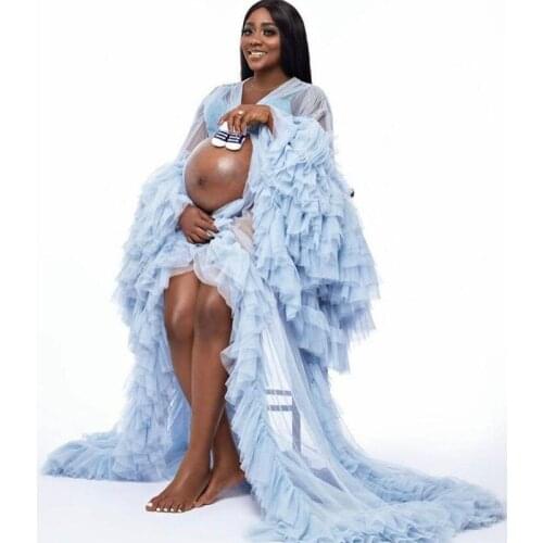 Light Blue Maternity Celebrity Gowns Luxury Ruffles Long Sleeve Bridal Sleepwear Bathrobes Nightgowns Tiered Robes Women Dress