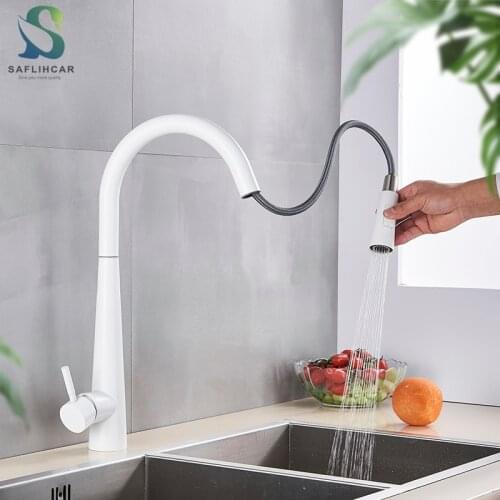 White Kitchen Faucet Pull Out Spout Kitchen Sink Faucet Hot and Cold Water Mixer Taps Deck Mount Single Handle Faucet