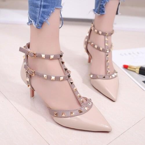 2020 New Womens shoes summer pointed high-heeled stiletto patent leather rivet single shoes was thin buckle womens shoes
