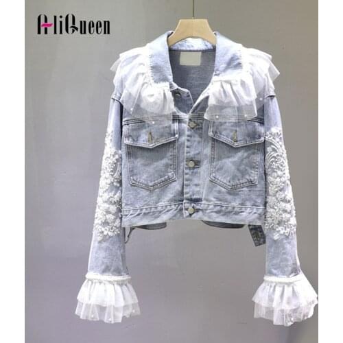 Women Sweet Peter Sleeve Mesh Patchwork Beading Denim Jacket Womens Jackets and Coats Streetwear Embroidery Cropped Jean Jacket
