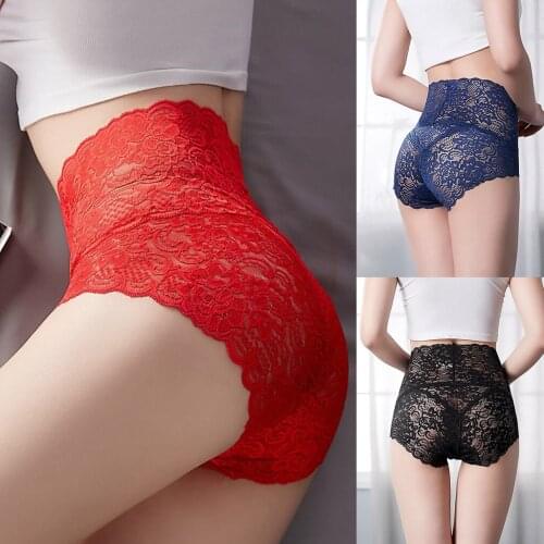 Women Plus Size High Waist Panties Erotic See-Through Floral Lace Briefs Underwear Seamless Tummy Control Lingerie M-3XL