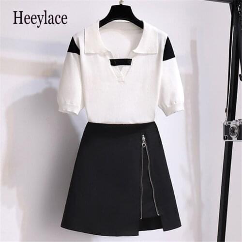 Women Two Pieces Sets Summer 2021 Stitching Color Short Sleeve Turn-down Collar Shirt + black zipper A-Line skirts Female Suits