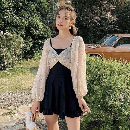 Women Two-Piece Swimsuit Bikini Whole Swimwear Plavky Set Female Block Push Up 2021 New Skirt Long Sleeve Cover Print Polyester