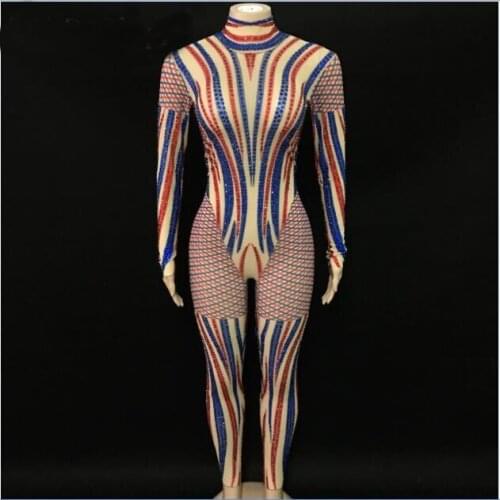 Blue Red Rhinestones Mesh Jumpsuit Womens Birthday Party Dance Bodysuit Outfit Female Singer Costume Nightclub Bar Sexy Wear