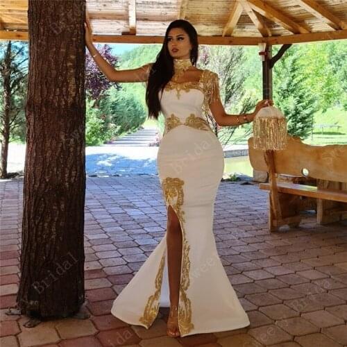 White Arabic Muslim Mermaid Velvet Evening Dresses 2021 Luxury Gold Applique Lace Prom Gowns Saudi Arabia Algerian Outfit
