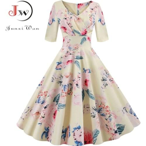 Women flower print Autumn dress Casual Winter half sleeve Elegant Vintage dress Robe femme plus size pinup office party vestidos