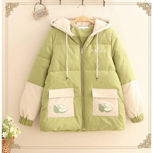 Japanese mori girl winter clothes girl small pure and fresh and avocado printing loose hooded Zippers keep warm coat