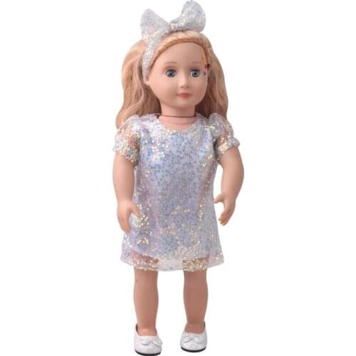 18 inch Girls doll clothes Sequined lace dress +silver bow dress American doll skirt newborn Baby toys fit 43 cm Baby dolls c942
