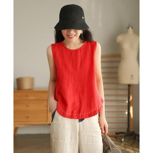 2021Summer Vests Women Vintage Solid Color Loose Embroidery Within Sleeveless Female Wild Linen Tees